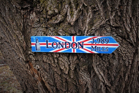 British Flag Wooden Directional Sign / Custom Hand Painted Travel Decor / Distressed London Street Sign / Trip Reveal Sign / British Pub Art