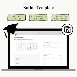 Puede incluir: Una plantilla de Notion para planificador de estudiantes digital en la pantalla de una computadora portátil. La interfaz incluye un calendario, reloj y horario. El texto dice: MINIMALIST STUDENT PLANNER, Notion Template, TIMETABLES & CLASSES, ASSIGNMENTS & EXAMS, CLASS NOTES & RESEARCH, EASY TO USE, INTERCONNECTED DATABASES, BUILT BY A MASTERS STUDENT FOR STUDENTS.
