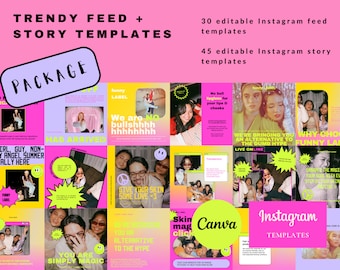 75 Trending and Neon Instagram Templates Canva | Bold Gen-Z In Colorful and Modern | Instagram Feed and Stories Templates | MINI PACKAGE