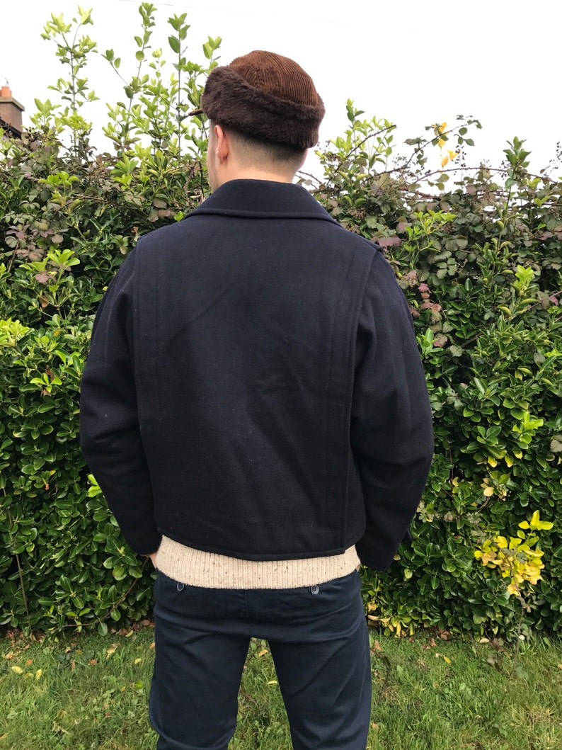 Unisex Vintage 1960s Michael Gall of Dublin Navy Blue Cropped Wool Sailor Coat