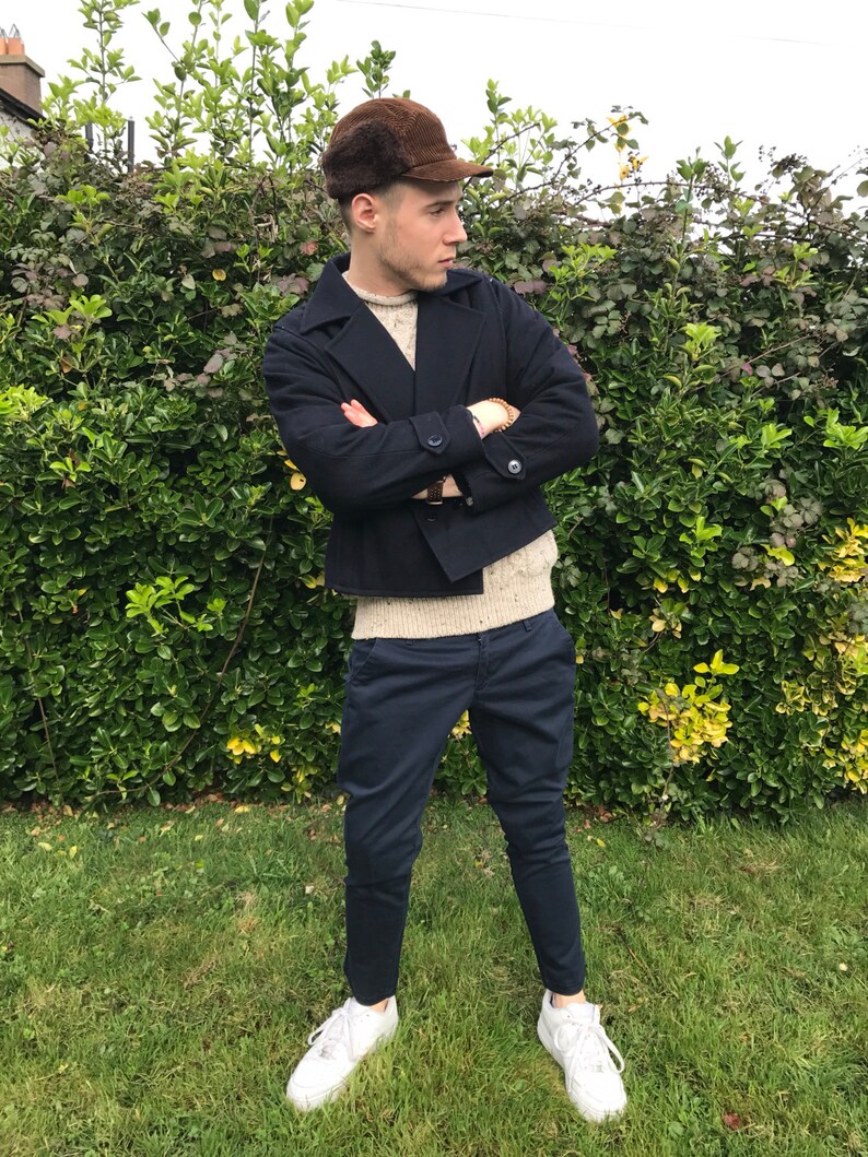 Unisex Vintage 1960s Michael Gall of Dublin Navy Blue Cropped Wool Sailor Coat