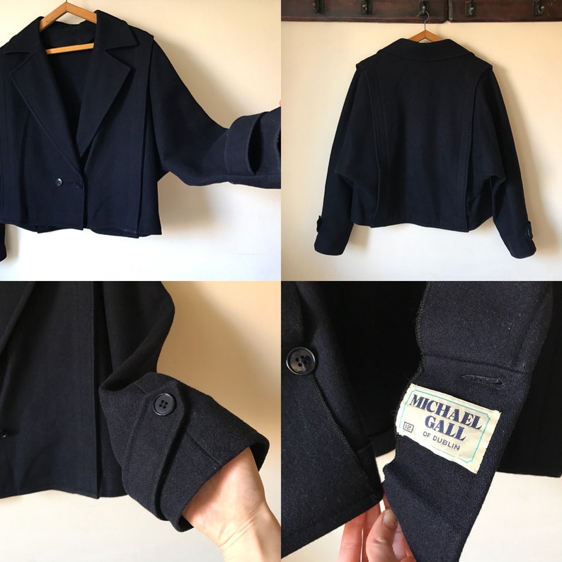 Unisex Vintage 1960s Michael Gall of Dublin Navy Blue Cropped Wool Sailor Coat