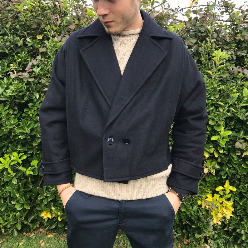 Unisex Vintage 1960s Michael Gall of Dublin Navy Blue Cropped Wool Sailor Coat