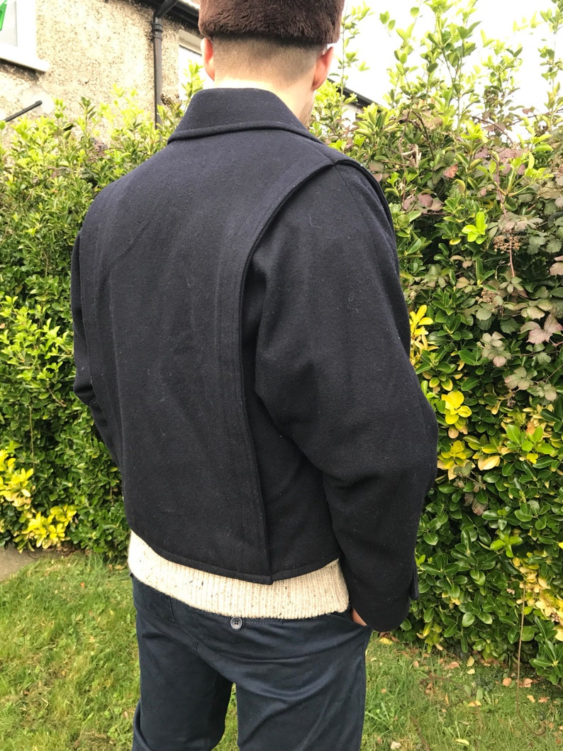 Unisex Vintage 1960s Michael Gall of Dublin Navy Blue Cropped Wool Sailor Coat