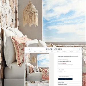 K&ouml;nnte beinhalten: Ein rosa-wei&szlig;er Blumen-Bettbezug mit einem wei&szlig;en Bettgestell und Kissen. Der Bettbezug ist auf der Ralph Lauren Website f&uuml;r 200,00 &euro; erh&auml;ltlich.