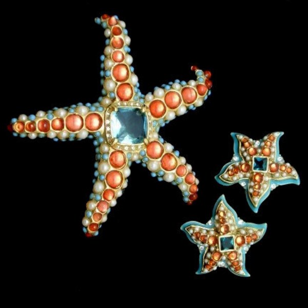 Vintage Kenneth J Lane Starfish Brooch Earring Set Aqua Orange KJL Mint