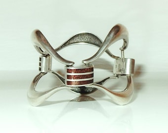 Massive Vintage Mid Century Sterling Silver - Guilloche Enamel Link Bracelet