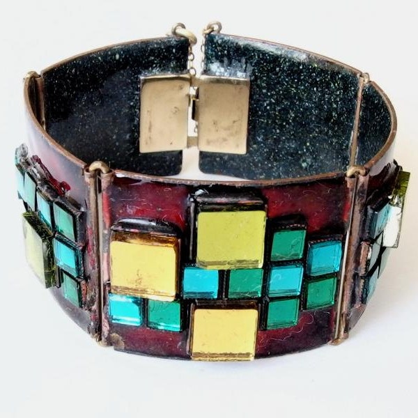 mid century modern wide enamel and glass mosaic bracelet
