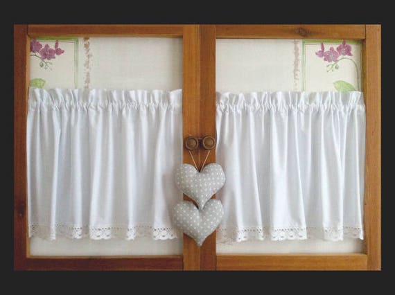 Country curtains cotton with beige lace and hearts short curtains shabby chic retro gray-white with dots window curtains