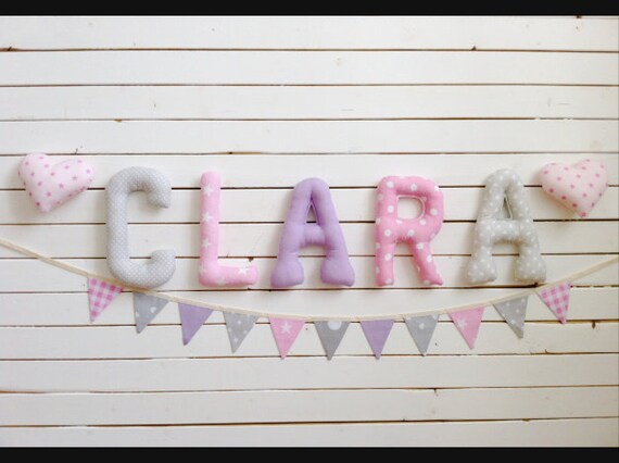 /"CLARA/" NAMENSKETTE KINDERZIMMER ROSA GRAU HOLZBUCHSTABEN TAUFE DEKO BABY NAME