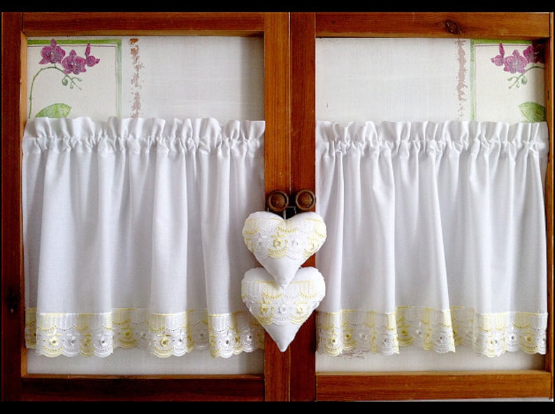 Country curtains cotton with beige lace and hearts short curtains shabby chic retro gray-white with dots window curtains