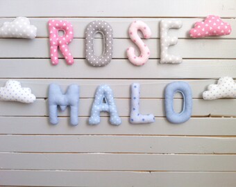 Stoffbuchstaben,MALO,ROSE,Buchstabengirlande,Girlande,Vorname Banner Junge Name,Mädchen Name,Baby Name, Zimmer ,Taufe,Geburt,Baby, Kind