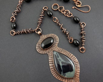Multi stone copper metalwork pendant