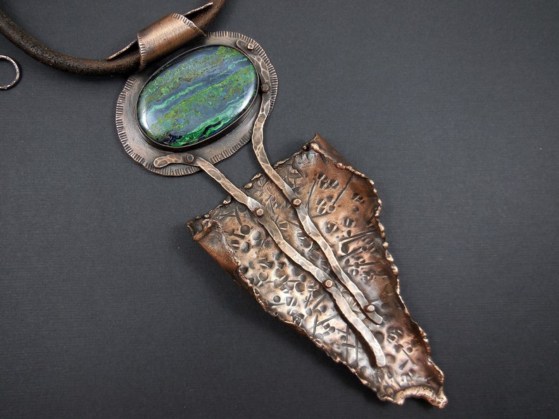 Azurite cabochon pendant-copper and stone metalwork necklace