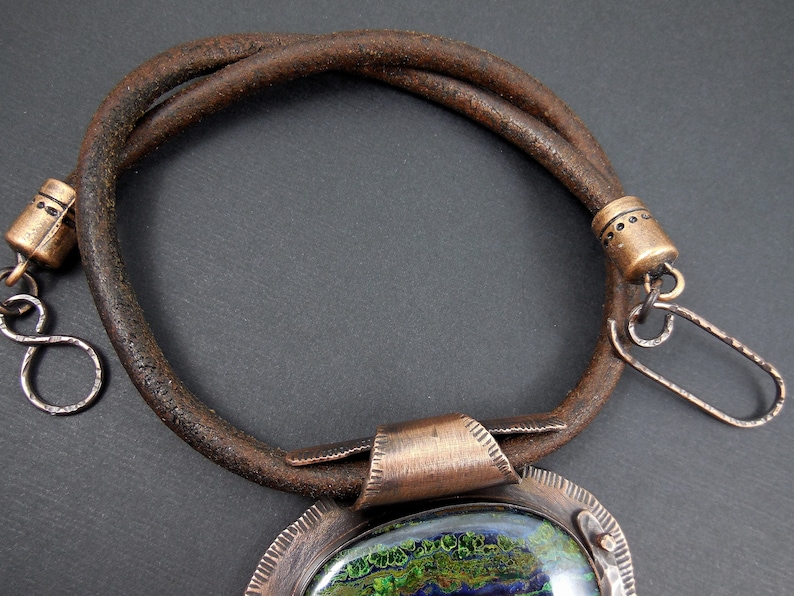Azurite cabochon pendant-copper and stone metalwork necklace