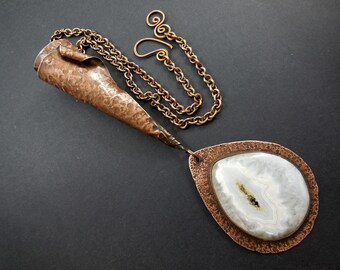 Geode druzy agate pendant-copper and stone metalwork necklace
