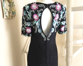 Vintage Stenay Black Sequin Dress / SZ M /  Cocktail Dress / Silk / Evening Wear / Formal Event / Retro / Boho /
