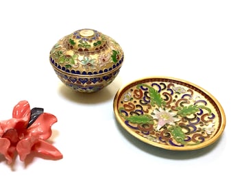Vintage Cloisonné Box & Dish / Jewelry Storage / Asian Box and Dish / Home Decor / Knick Knacks / Brass and Enamel / Collectibles