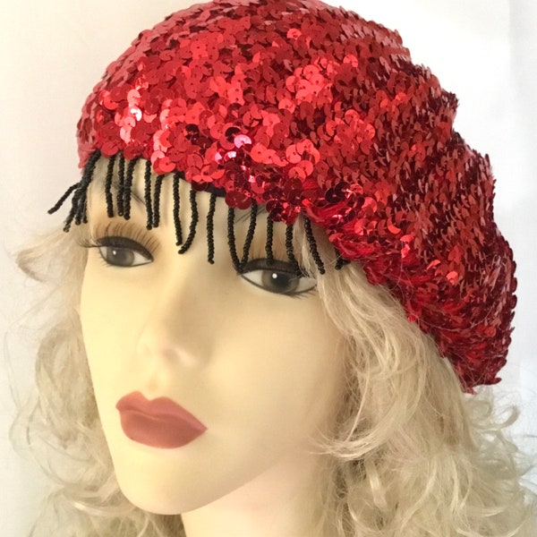 Vintage Red Sequin Beret with Dangling Beads / Sequin Hat / Retro / Flapper / Boho / Accessories