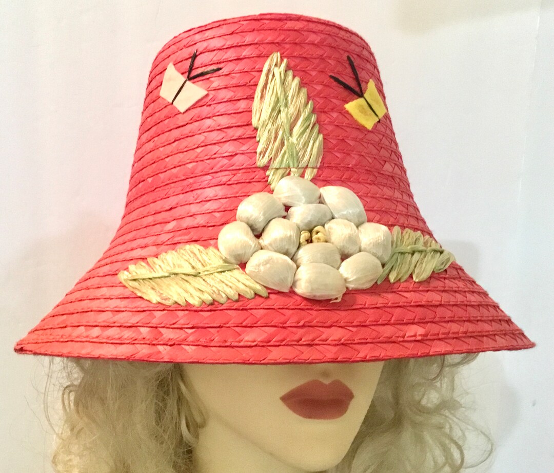 Vintage Straw Bucket Hat / 22 / Retro / Boho / Flower Hat / Etsy