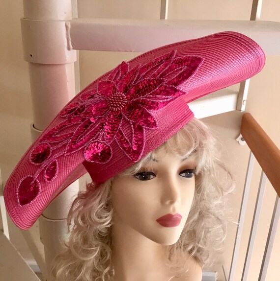 Vintage Pink Tilt Hat / Platter Hat / Cartwheel Ha