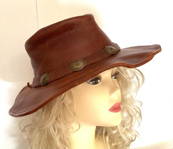 Vintage Henschel Leather Western Hat / 21” / Unisex / Cognac / Concho Band / Retro / Boho / Hippie