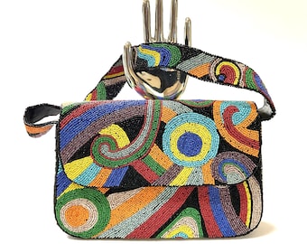 Bolso vintage multicolor con cuentas / Nuevo / Asa superior / Retro / Boho / Abstracto / Tamaño mediano / Vanguardista / India / Bolso tipo caja