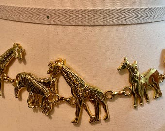 Vintage Safari Chainbelt / Animal Chainbelt / Retro / Boho / Preppy / Accessories / 40” / Goldtone Metal