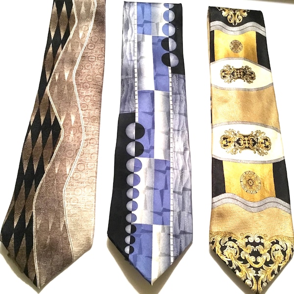 Vintage Trio Art Deco Silk Ties / Cardin / Guccini  / Rockabilly / Modernist / Accessories / Retro / Boho / Avant-garde / Abstract