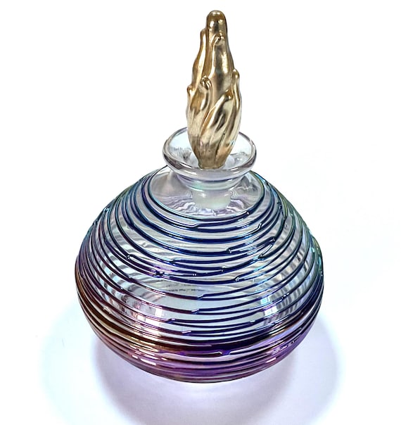 Vintage Glass Iridescent Perfume Bottle & Stopper / Art Glass / Retro / Round Bottle / Perfume Storage / Bath and Beauty / Collectibles