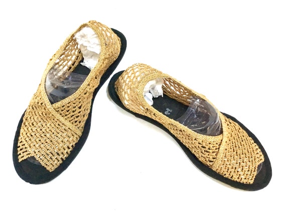 Vintage Gold Metallic Thread Peep Toe Flat Sandals