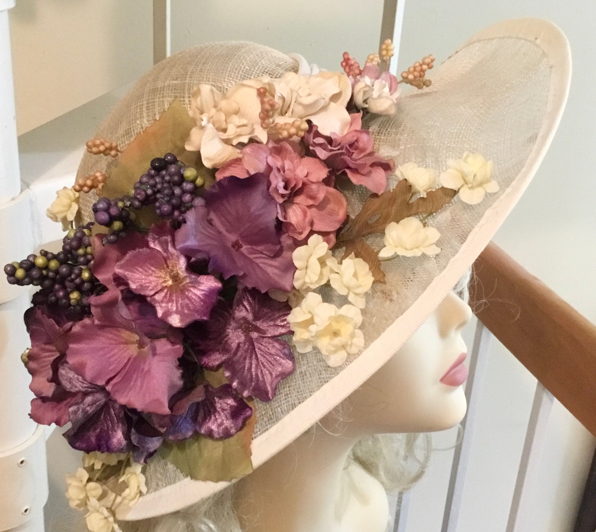 Vintage floral hat made in Italy Vintage Hat Spectacular 6 Inch Wide Brim White Lace, Ribbon  main image 4