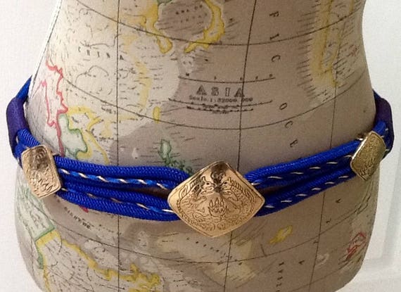 Vintage Brass Medallion Cord Belt / Blue Cinch Belt / SZ 34  display picture 2