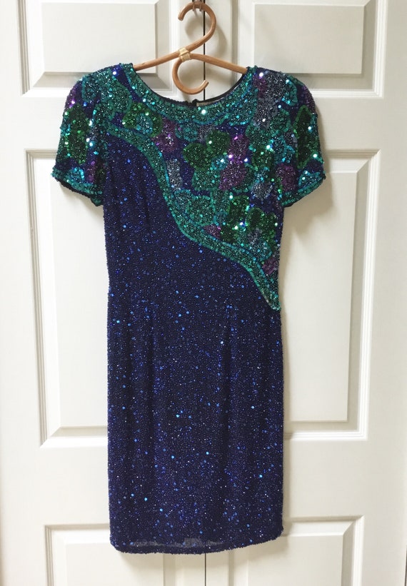 Vintage Oleg Cassini Black Tie Sequin Dress / Silk Sheath Dress / SZ 4 / Cocktail Dress / Retro / Abstract / Formal Dress / Short Sleeve