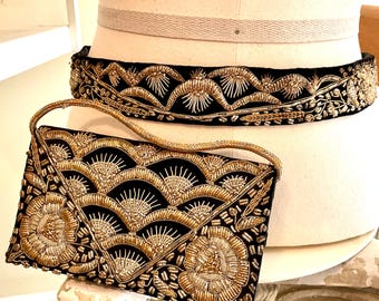 Beaded matching evening bag and belt 1940s Bronze Brown Beaded Handbag & Belt Set — Canned Ham  main image 4