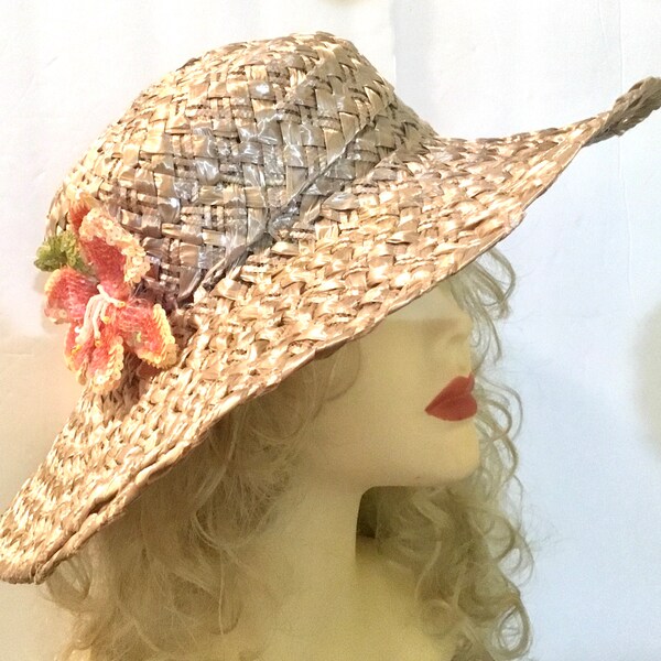 Vintage Silver Cellophane Straw Floppy Hat / NWT / Sun Hat / AS&Co, NY / Accessories / Swiss Made / 1970’s / Retro / Boho