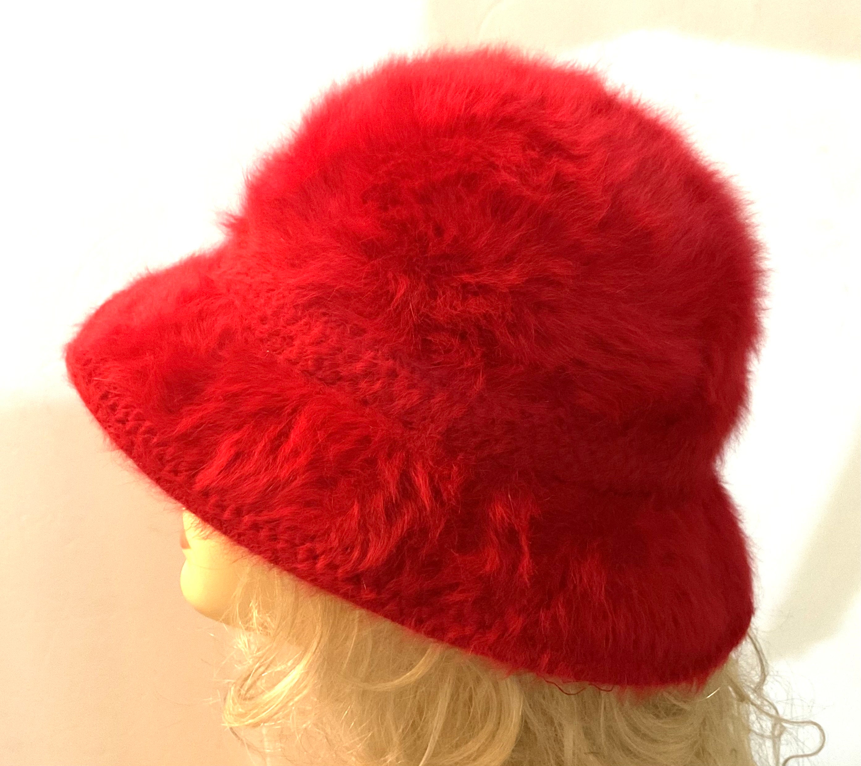 VTG Angola Wool Blend Strawberry Red Fuzzy Bucket Hat M/L Preppy Street Classic Vintage Red Kangol Bucket Hat / Retro / Boho / Preppy  main image 4