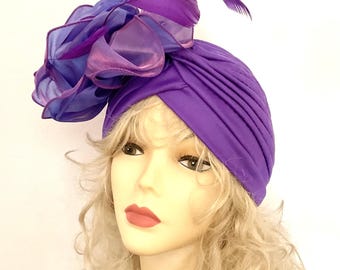 Vintage Turban with Huge Flower / NOS / Retro / Boho / Accessories / Abstract / Avant-garde / Purple