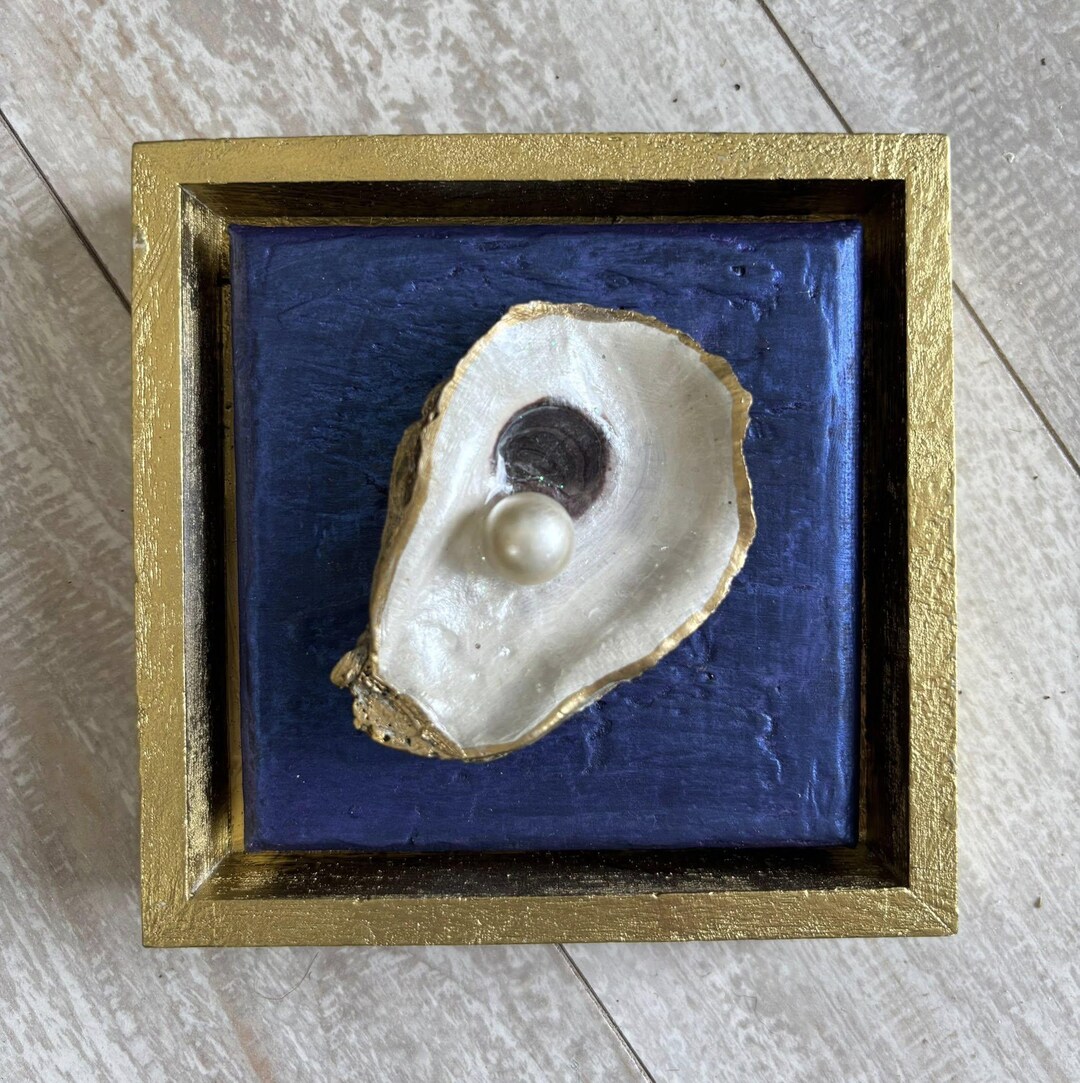 Gilded Oyster Shell Shadow Box With Pearl | Coastal Blue‑gold Wall Art ...