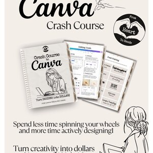 Puede incluir: Una ilustración digital de una mujer trabajando en una computadora portátil con el texto "Crash Course to Canva" y "Turn Designs into Dollars" sobre un fondo rosa y blanco. La imagen también incluye una lista de herramientas de edición y combinaciones de fuentes.