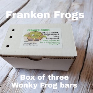 Imperfect frog shaped bar soaps. box of three bars