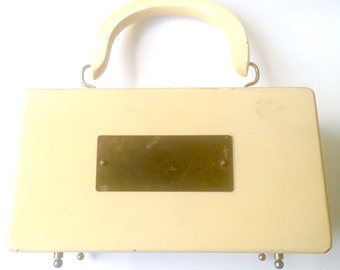 Vintage Wood Handbag with Brass Monogram Plate