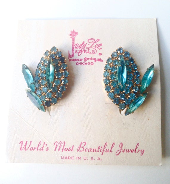 Vintage Judy Lee Blue Rhinestone Clip Earrings on 