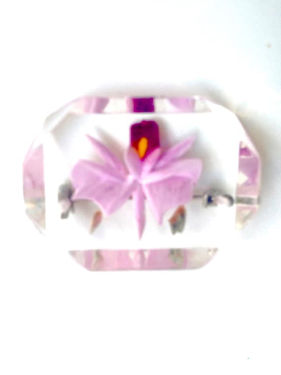 Vintage Reverse Carved Lucite Floral Brooch Pink … - image 1