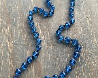 Vintage Blue Fluted Glass Knotted Bead Necklace