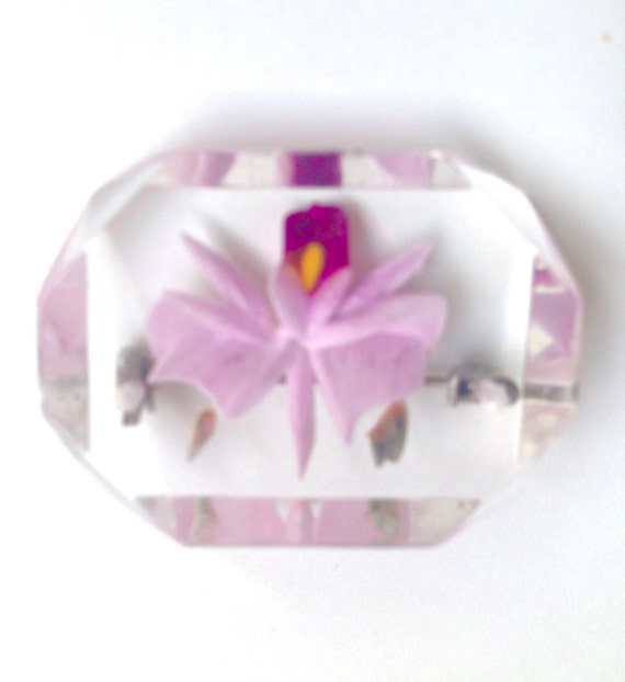 Vintage Reverse Carved Lucite Floral Brooch Pink … - image 2