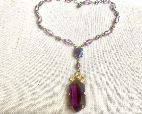 Art Deco Amethyst Glass & Brass Necklace Circa 19… - image 1