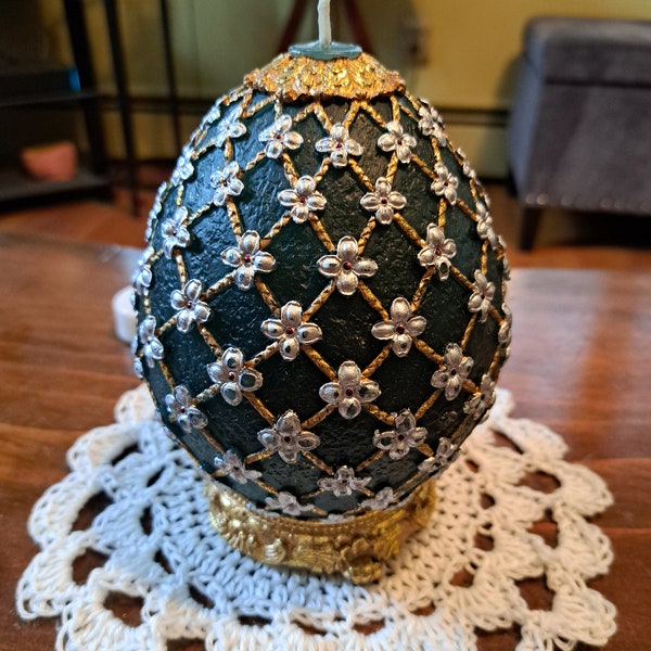 Vintage Faberge Egg Style Candle Green 6.5" high, 4.5" wide