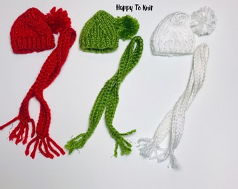 Hand-knitted hat and scarf for elf doll