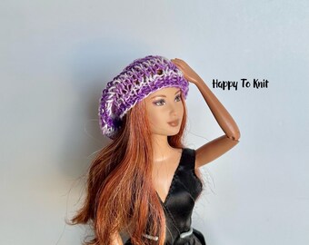 Hand-Knitted Purple Slouchy Hat for 11.5" Fashion Doll